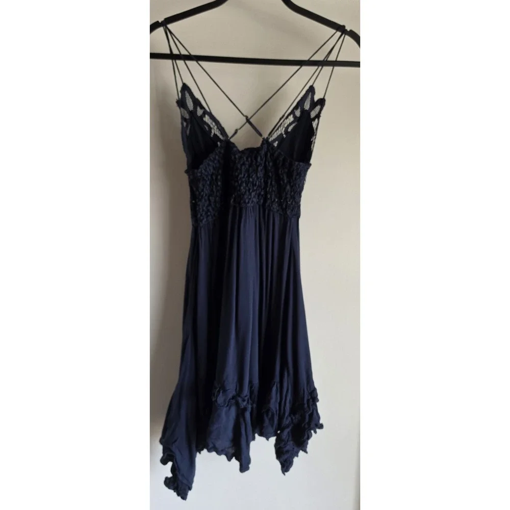 Free People Mini Dress S Navy Sleeveless V-Neck Boho Sundress Lace Babydoll